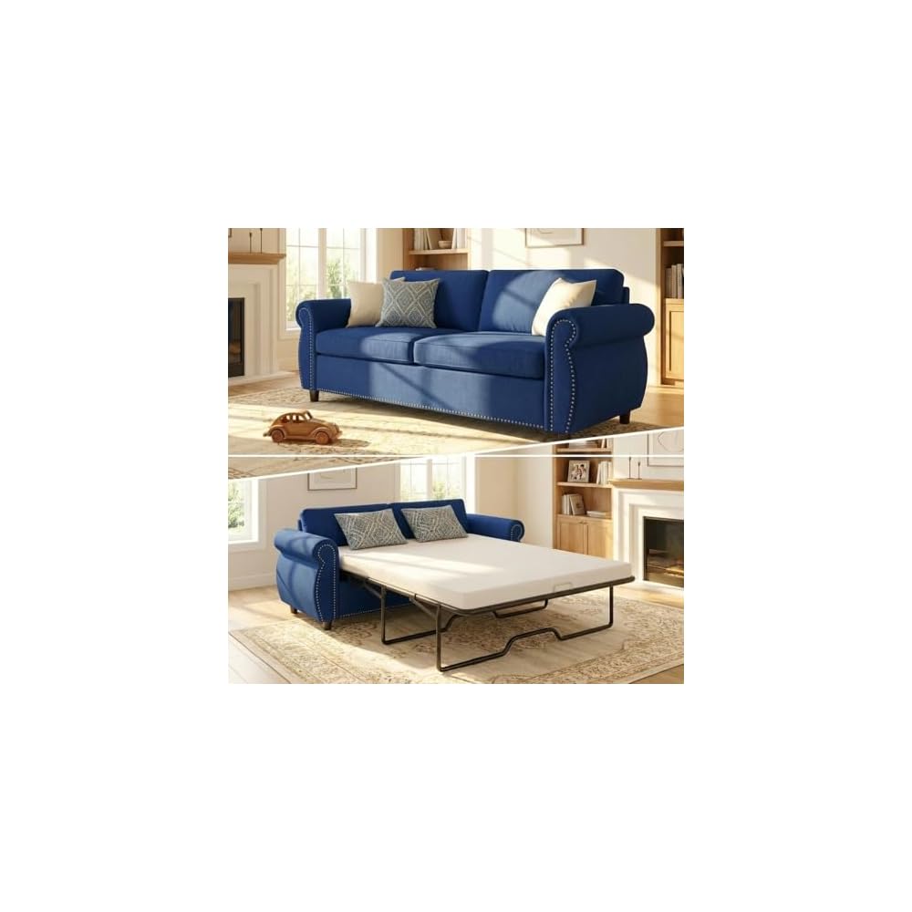 BALUS Pull Out Sofa Bed Queen, 2-in-1 Convertible Sofa Sleeper Bed with Nailhead Armrests, Pull Out Couch with Thickened Cushions and Memory Foam Mattress for Living Room Guest Room, Blue