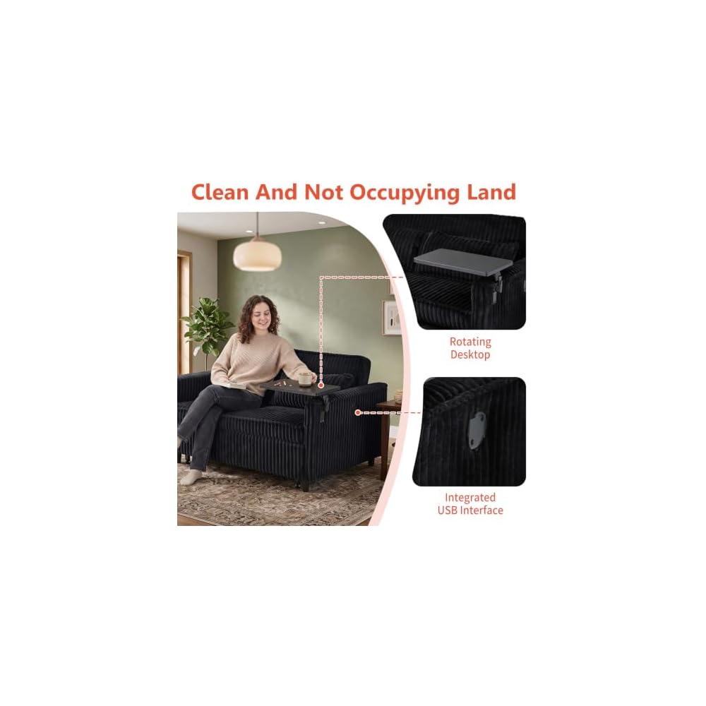 54" 3‑in‑1 Pull‑Out Convertible Sleeper Sofa Bed, Corduroy with Adjustable Backrest, USB Charging Port, Side Storage Pockets, Space‑Saving for for Living Rooms, Apartments and Bedrooms (Black)