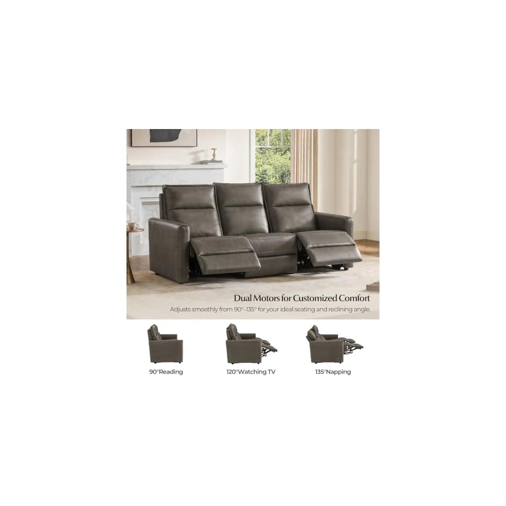 CHITA Genuine Leather Couch, 3-seat 2 Power Recliner Sofa, Dark Gray