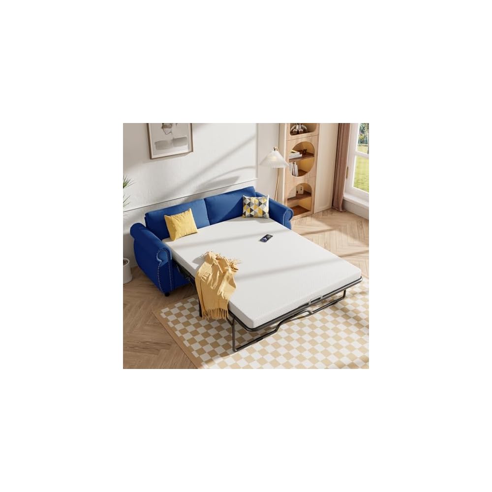 BALUS Pull Out Sofa Bed Queen, 2-in-1 Convertible Sofa Sleeper Bed with Nailhead Armrests, Pull Out Couch with Thickened Cushions and Memory Foam Mattress for Living Room Guest Room, Blue