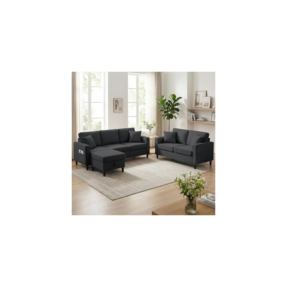 CECER 2 Piece Sofa Sets with Storage Ottoman for Living Room-Dark Grey