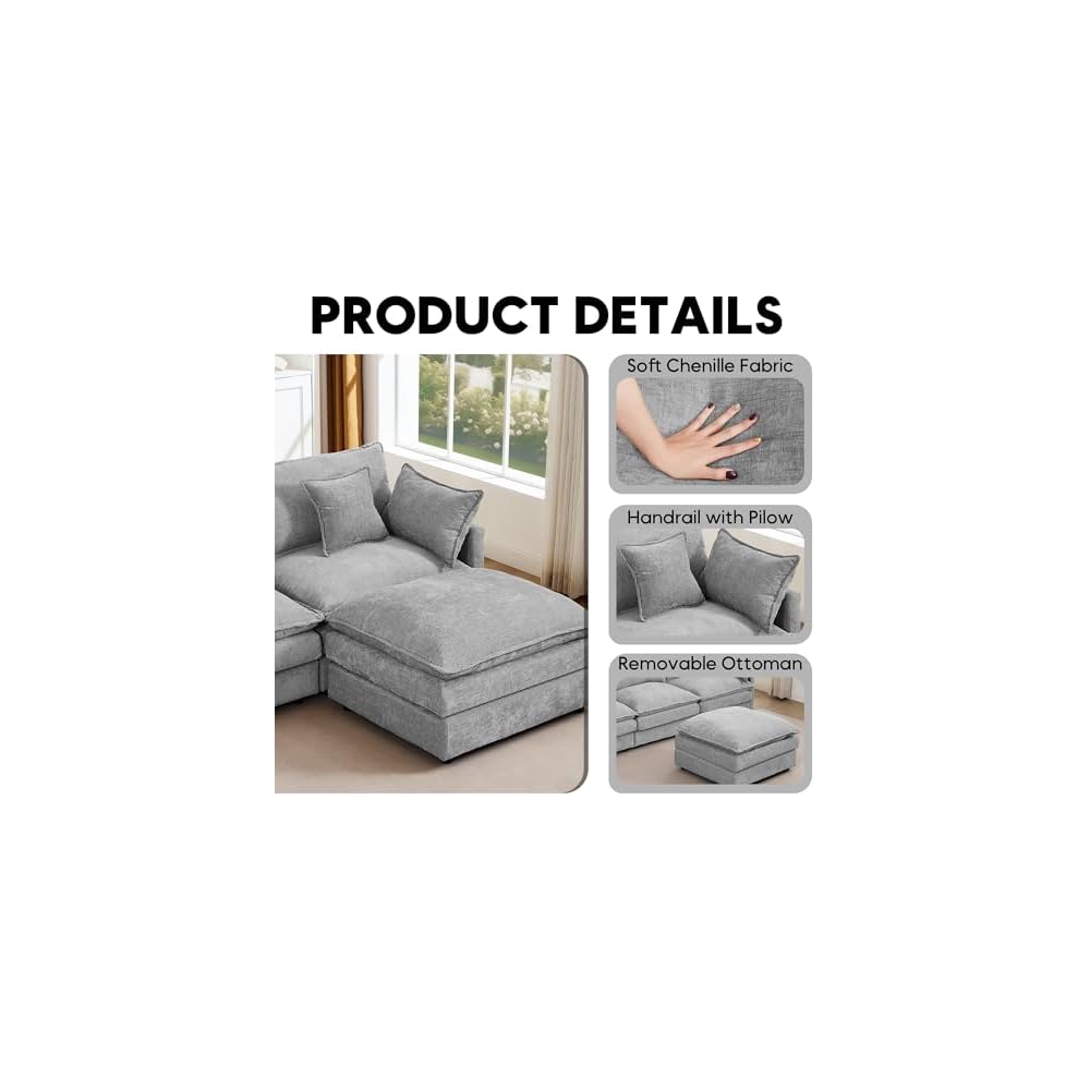 102" L Shaped Modular Sectional Sofa, Comfy Upholstery Chenille Cloud Couch with Ottoman, Modern 4-Seat Deep Seat Sofa with Pillow for Living Room, Bedroom, Apartment, Grey