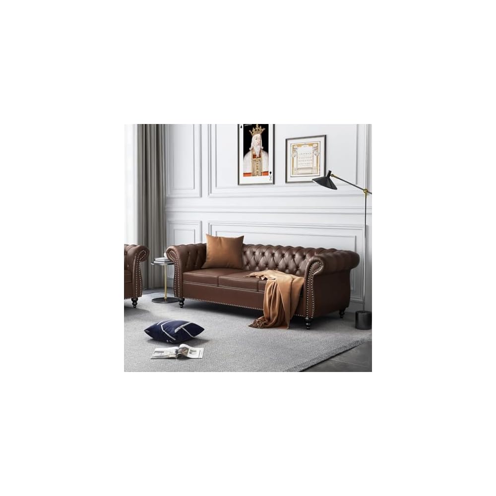 AVZEAR Chesterfield Leather Sofa 3 Seater Couch, Mid-Century Large Sofa Roll Arm Classic Tufted Settee Modern PU Sofa with Channel Tufted Seat Back for Living Room, Office, Apartment, PU Brown