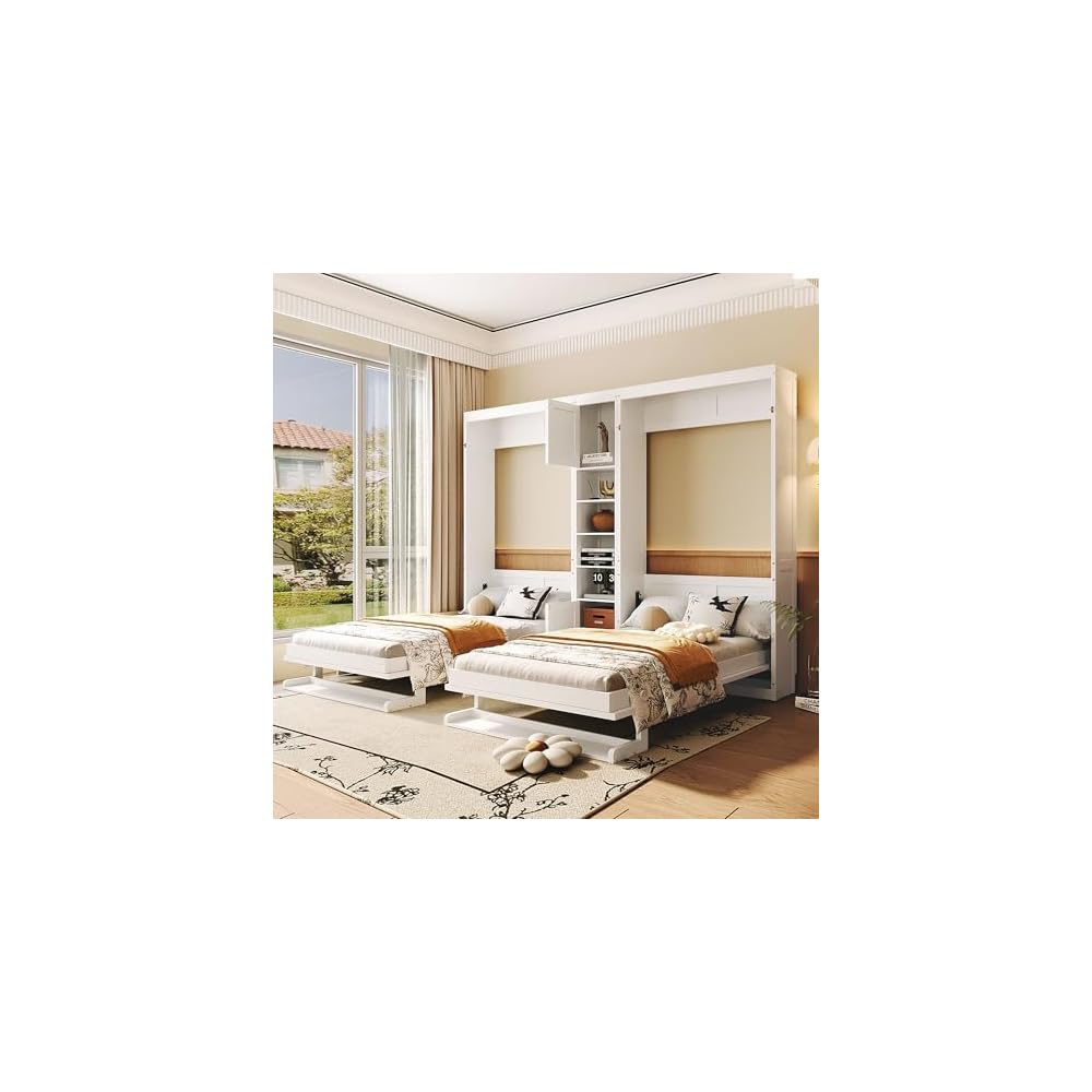 GOWE Dual Twin Size Wall Murphy Beds with Cabinets and Shelves, White(Old SKU:N820S00058K)