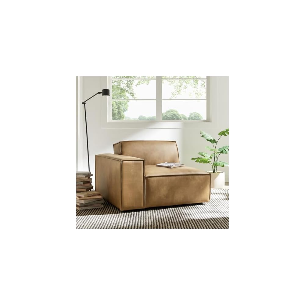 Modway Restore Left-Facing Faux Leather Modular Lounge Chair in Toast - Living Room Vegan Leather Upholstered Single-Arm Accent Armchair for Sectional Sofa
