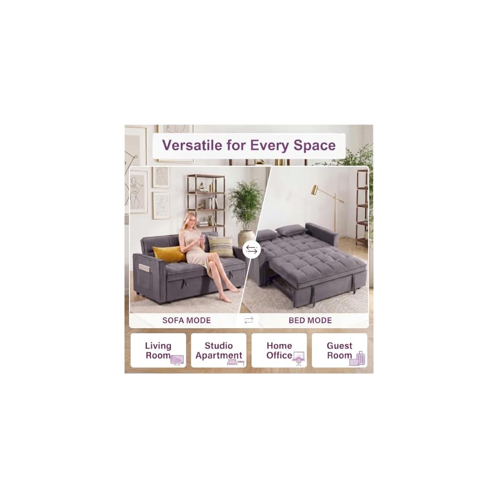 Sleeper Sofa Bed, Pull Out Couch, 54" Velvet Loveseat Medium Grey