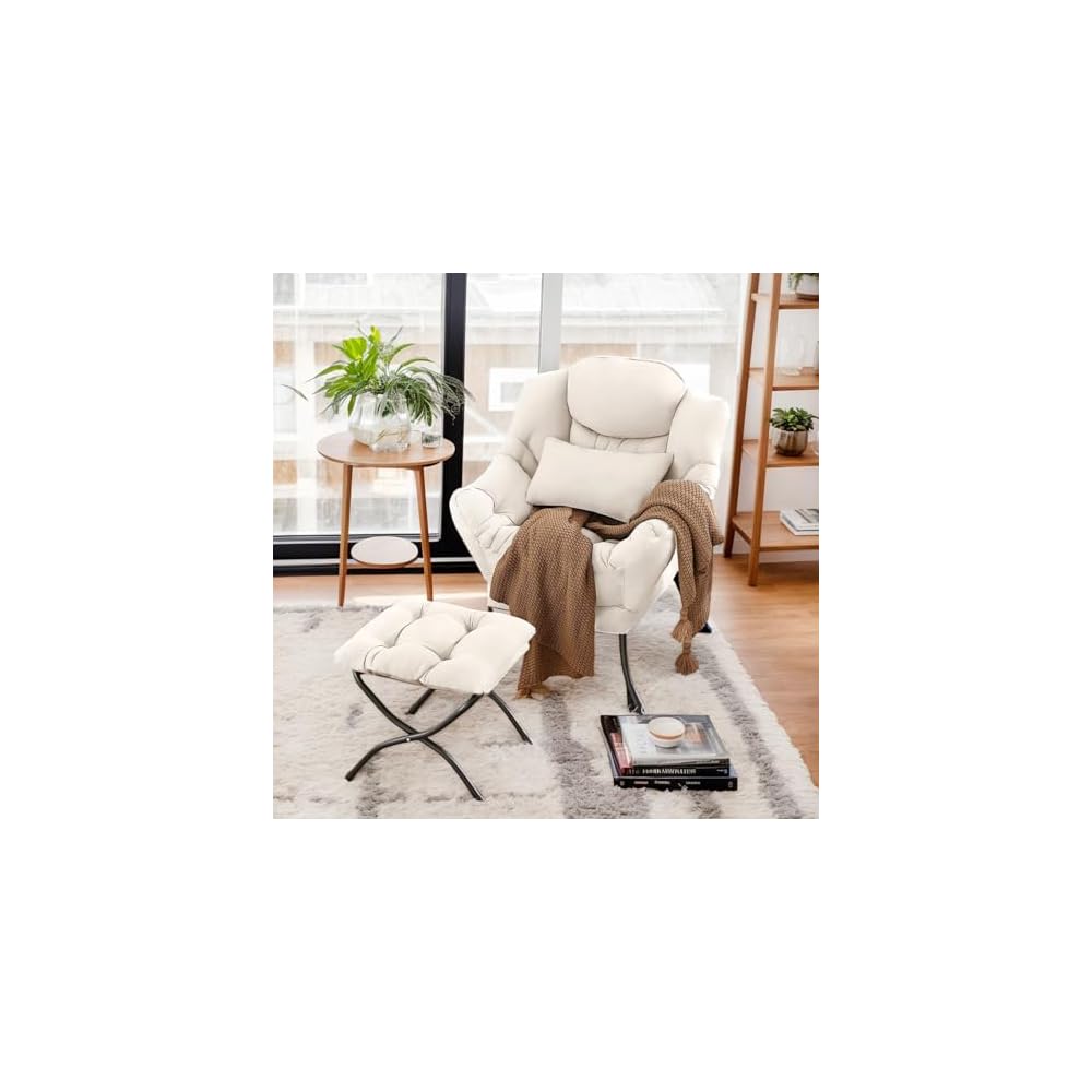Furlide Lazy Chair with Ottoman, Comfy Reading Chair with Pillow， Khaki