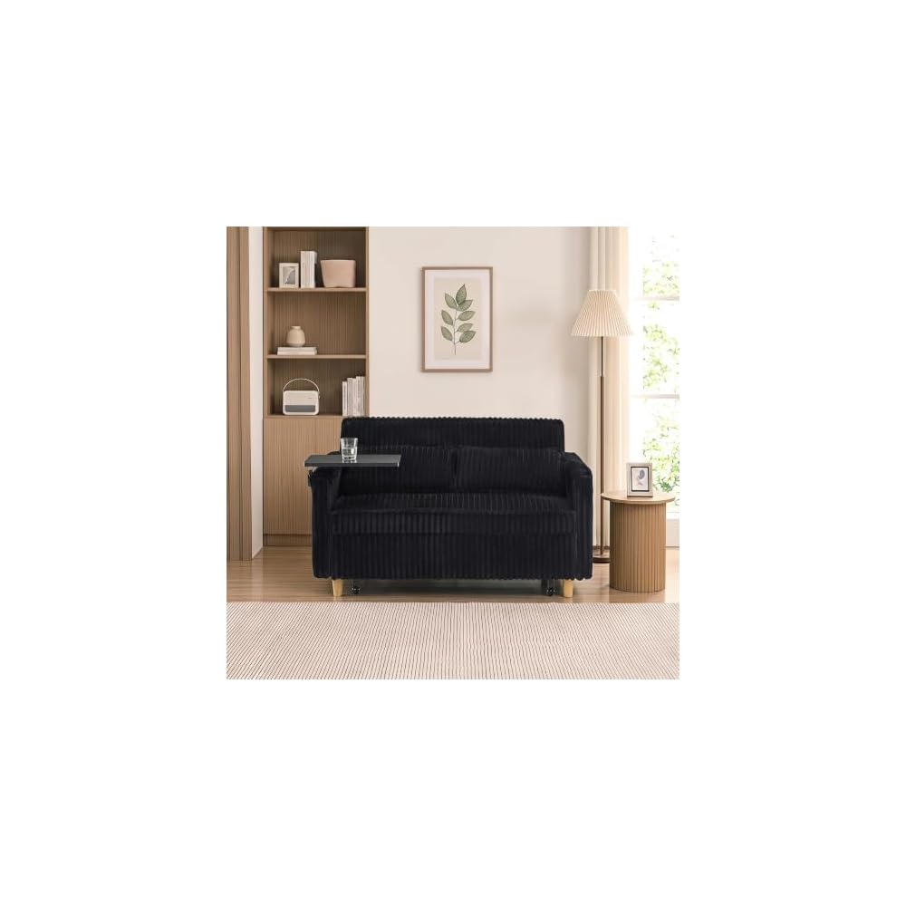 54" 3‑in‑1 Pull‑Out Convertible Sleeper Sofa Bed, Corduroy with Adjustable Backrest, USB Charging Port, Side Storage Pockets, Space‑Saving for for Living Rooms, Apartments and Bedrooms (Black)