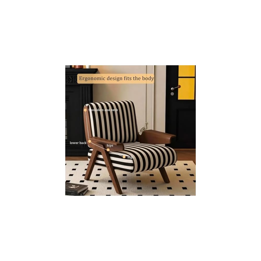 Mid-Century Arm Sofa Chair Striped Accent Chairs Inclined Ergonomic Reading Chair Wood French Wingback Chairs Removable Upholstered Backrestchair for Living Room Bedroom Balcony Study Hotel Cafe