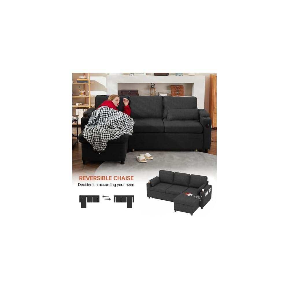 DURASPACE Sofa Bed, Sleeper Sofa Couch with Pullout Bed for Living Room, L Shaped Couch with Storage Chaise, USB, Cup Holder (Dark Gray)