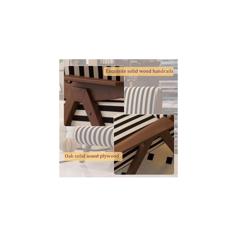 Mid-Century Arm Sofa Chair Striped Accent Chairs Inclined Ergonomic Reading Chair Wood French Wingback Chairs Removable Upholstered Backrestchair for Living Room Bedroom Balcony Study Hotel Cafe