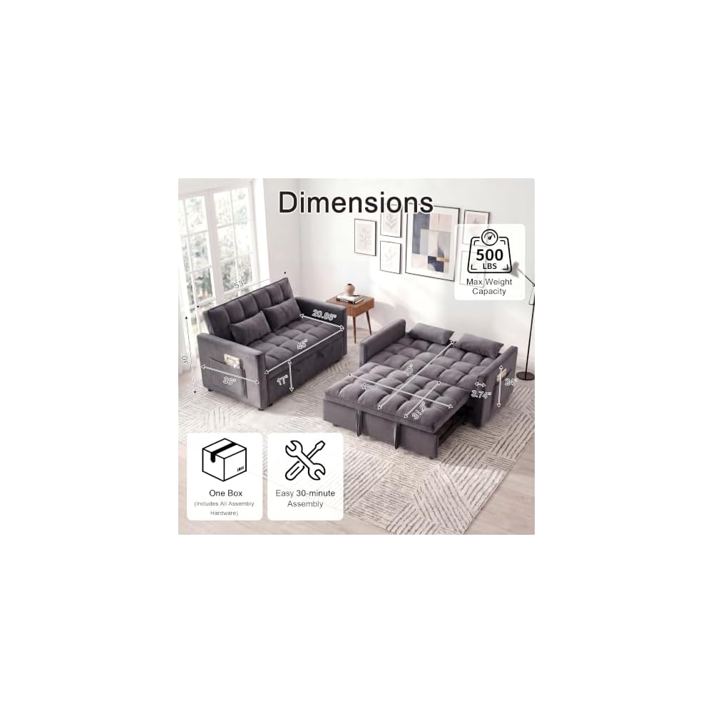 Sleeper Sofa Bed, Pull Out Couch, 54" Velvet Loveseat Medium Grey