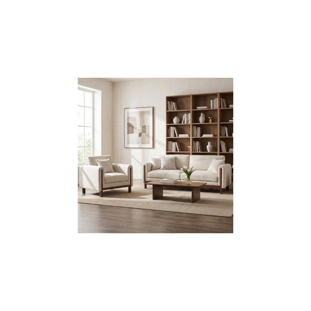 89.8” Mid Century Modern Couch, Handcrafted 3 Seater Sofa with Solid Wood Frame and Chenille, Suitable for Living Room, Apartment and Office(Couch,Beige)