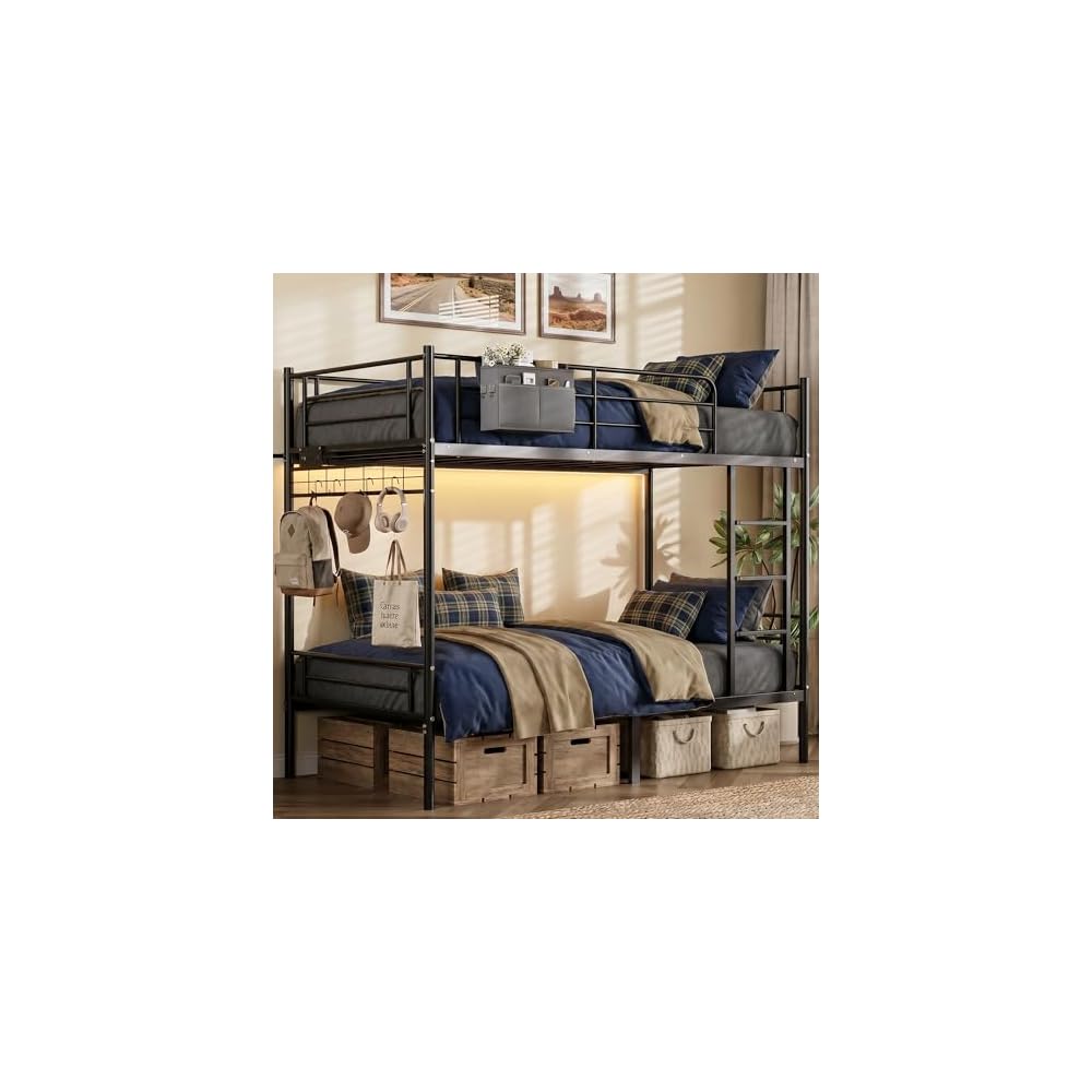 Bunk Bed,Bunk Bed Twin Over Twin with Power Outlet and LED Lights,Black