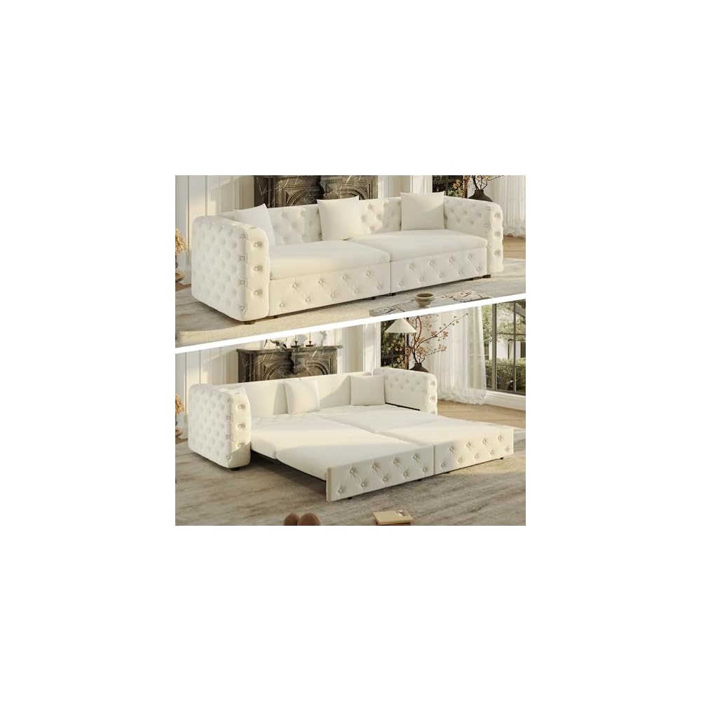 Polibi 89" Extra Large Pull Out Sofa Bed,3-in-1 Multifunctional 4-Seater Sleeper Sofa with 3 Throw Pillows,Classic Velvet Tufted Couch for Living Room & Apartment, Heavy Duty Metal Frame, Beige&White