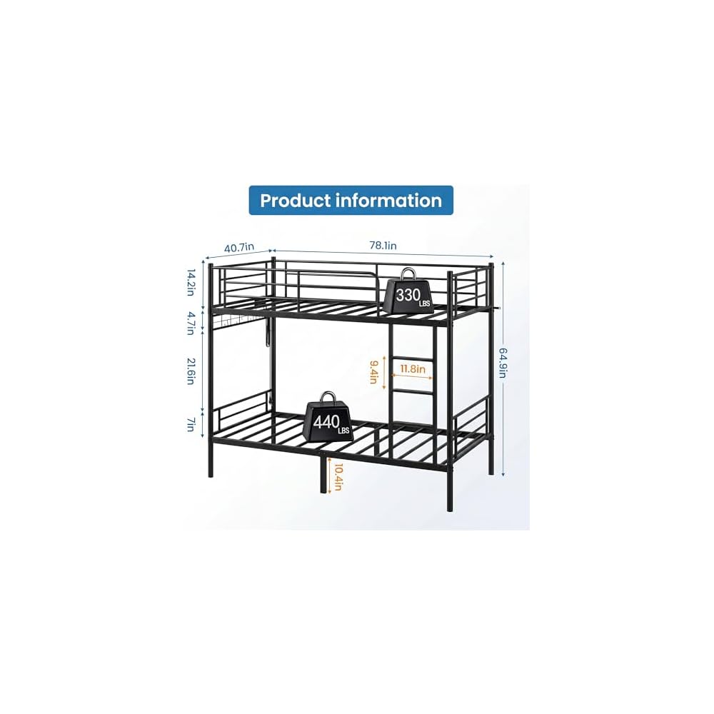 Bunk Bed,Bunk Bed Twin Over Twin with Power Outlet and LED Lights,Black