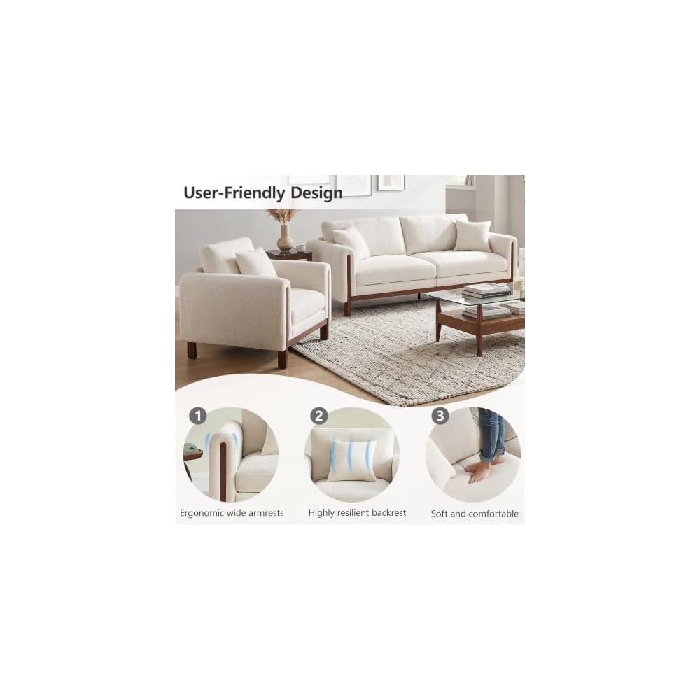 89.8” Mid Century Modern Couch, Handcrafted 3 Seater Sofa with Solid Wood Frame and Chenille, Suitable for Living Room, Apartment and Office(Couch,Beige)