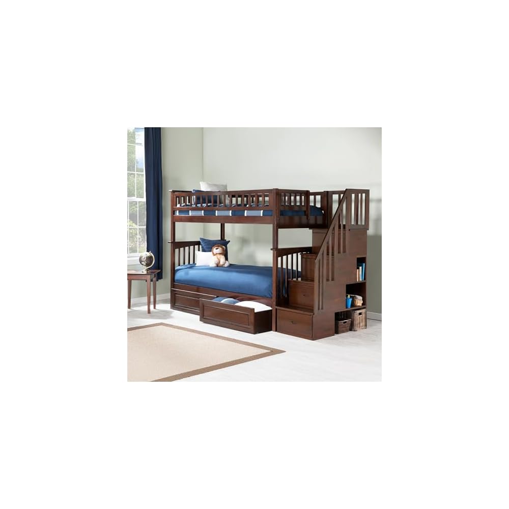 AFI, Columbia Staircase Bunk Bed Twin Over Twin & Raised Panel Bed Drawers, Walnut