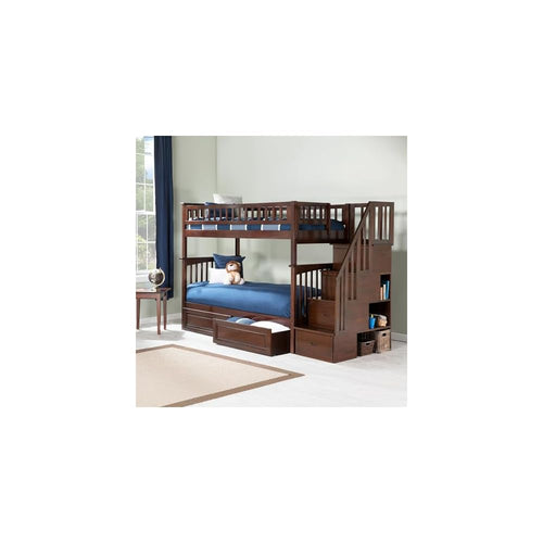 AFI, Columbia Staircase Bunk Bed Twin Over Twin & Raised Panel Bed Drawers, Walnut
