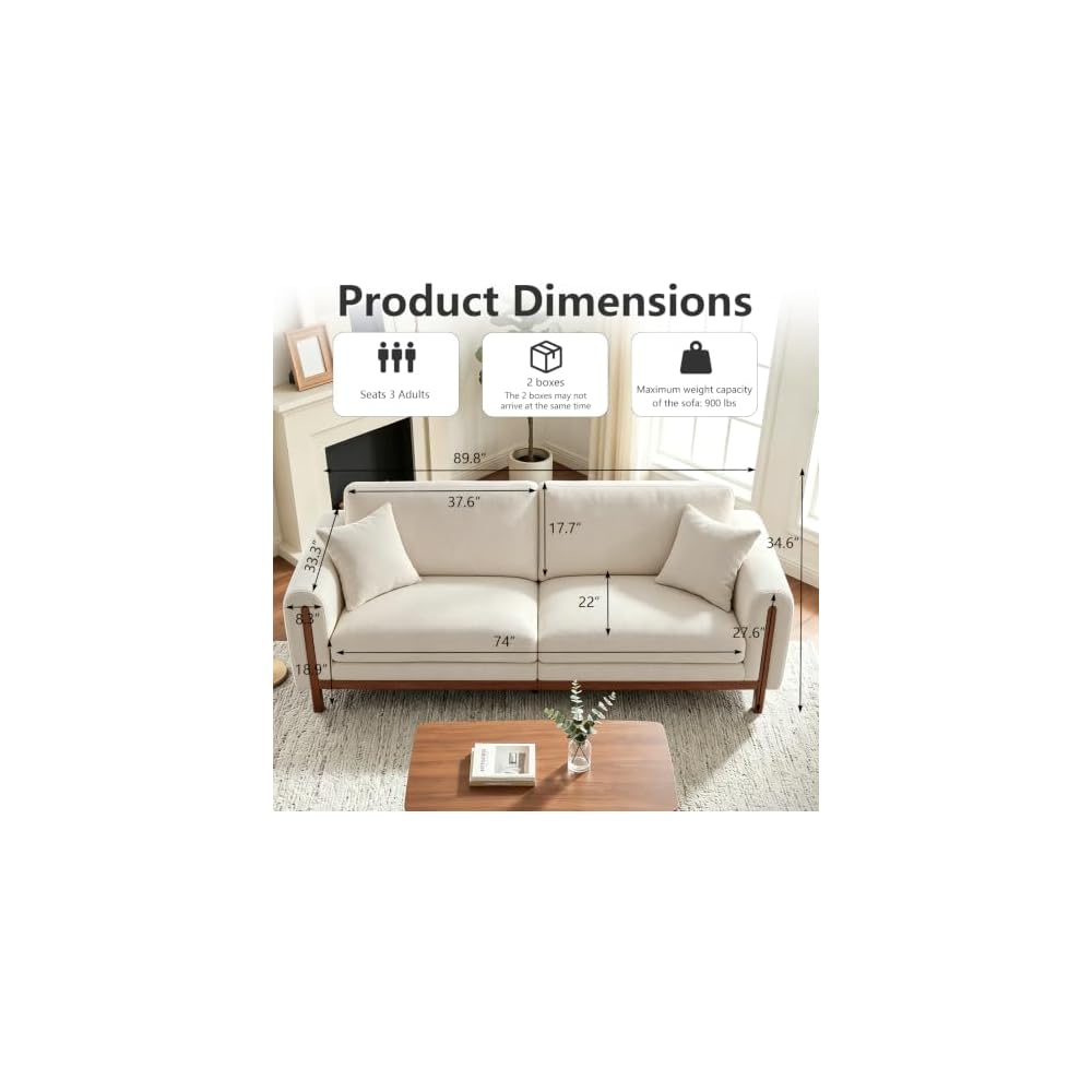 89.8” Mid Century Modern Couch, Handcrafted 3 Seater Sofa with Solid Wood Frame and Chenille, Suitable for Living Room, Apartment and Office(Couch,Beige)