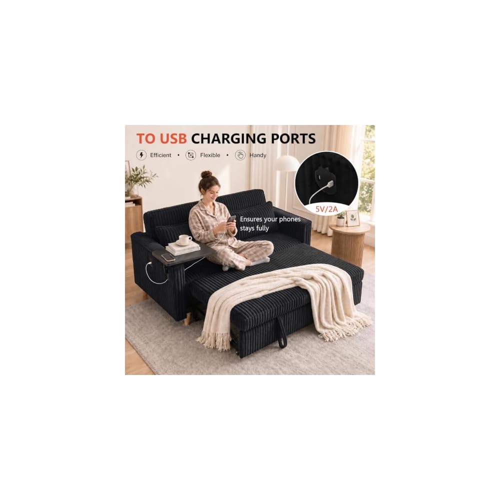 54" 3‑in‑1 Pull‑Out Convertible Sleeper Sofa Bed, Corduroy with Adjustable Backrest, USB Charging Port, Side Storage Pockets, Space‑Saving for for Living Rooms, Apartments and Bedrooms (Black)