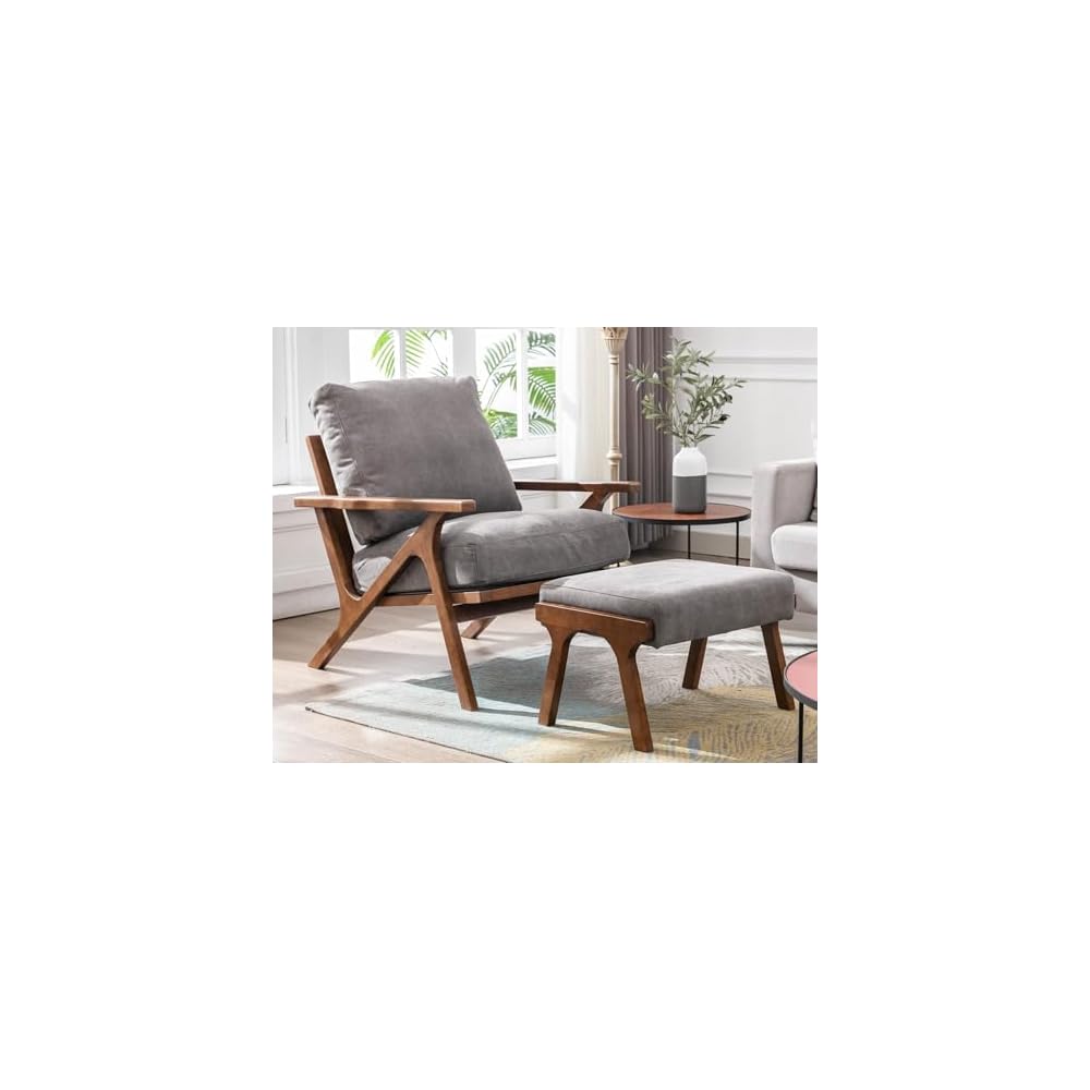 Mid Century Modern Accent Chair with ottoman, Farmhouse Linen Upholstered Living Room Armchair and Ottoman Set, 23" Seat Wide Retro Leisure Lounge Chair with Wood Frame for Home, Bedroom, Office, Grey