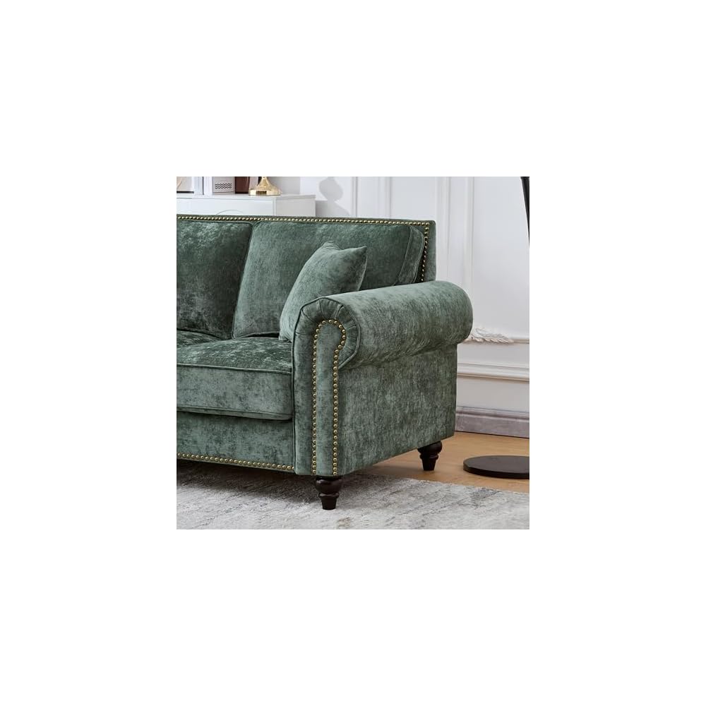 86.5" Classic Chenille Sofa Couch 3-Seater | Chesterfield Style with Traditional Rolled Arms, Nailhead Trim & Solid Wood Frame | Living Room Upholstered Couch | Green