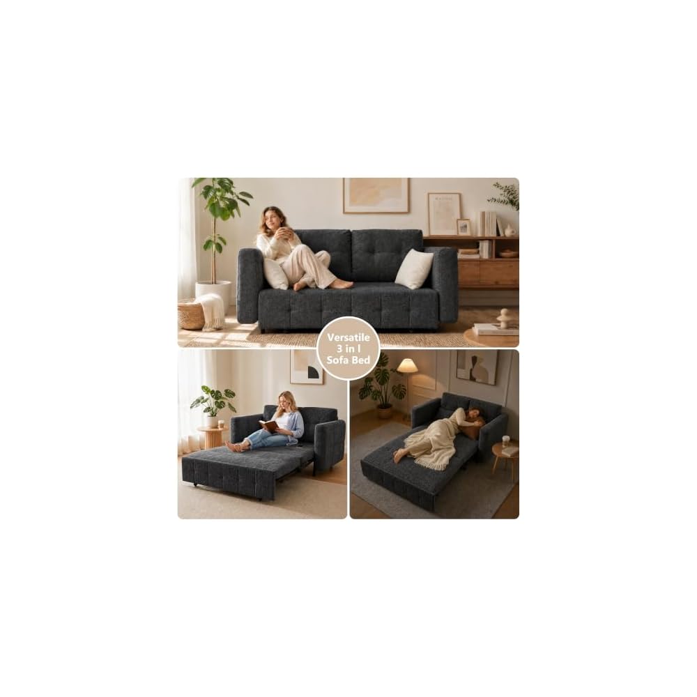 XVD 58” Sleeper Sofa Bed, 3 in 1 Pull Out Couch with Adjustable Backrest, Convertible Loveseat Couch Bed with 4 Pillow, Futon Couches for Living Room, Apartment (Grey)
