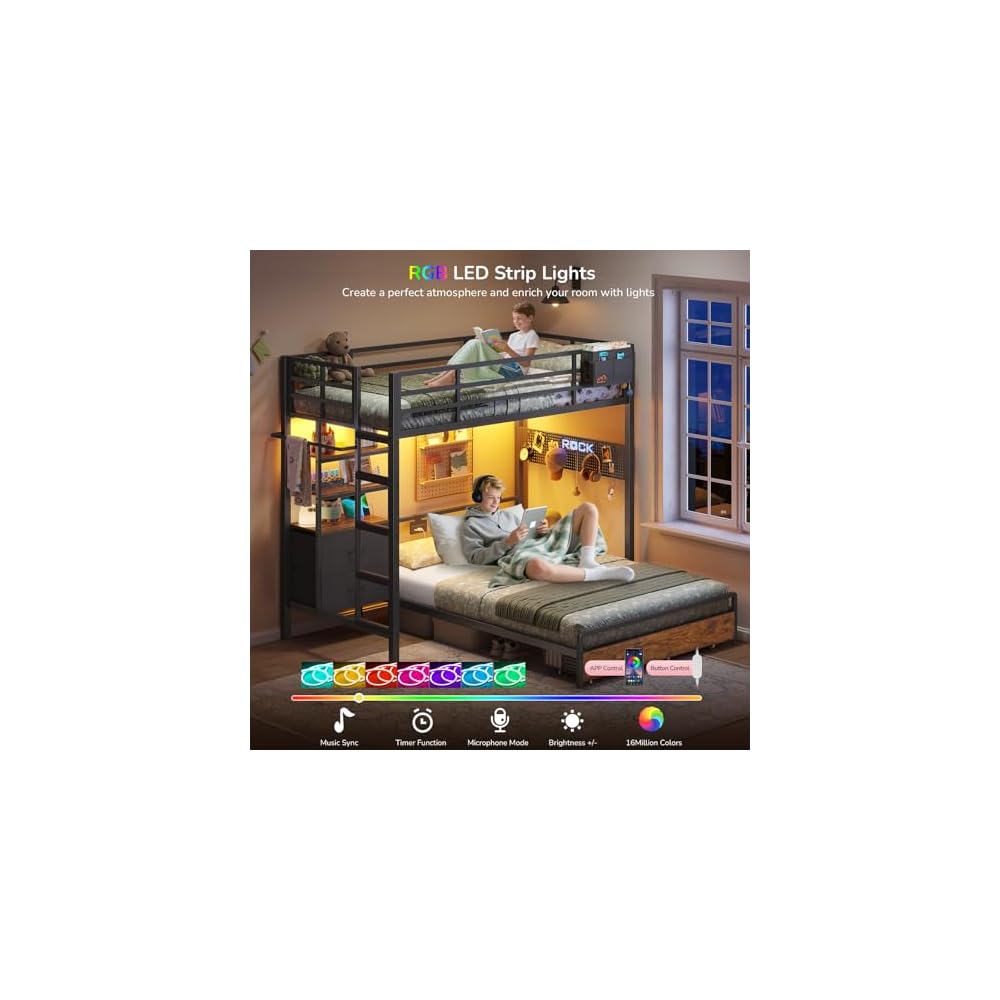 Bunk Bed Twin Over Full with 4 Storage Drawers and 3-Tier Bookshelf, Black