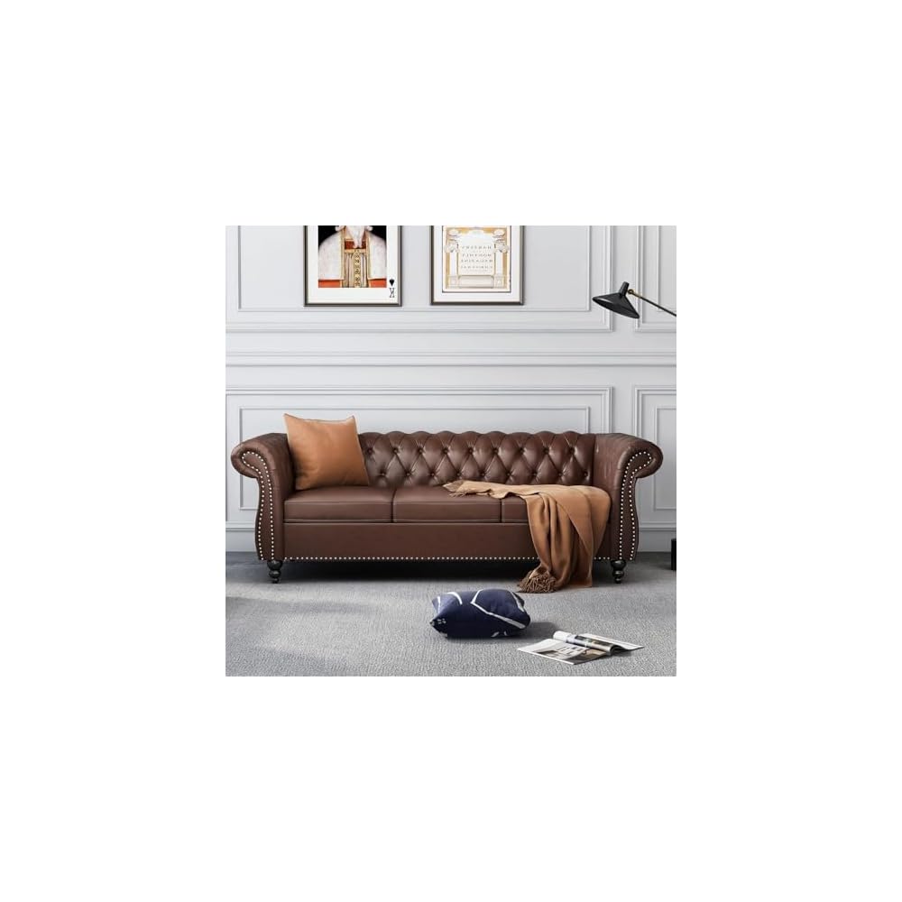 AVZEAR Chesterfield Leather Sofa 3 Seater Couch, Mid-Century Large Sofa Roll Arm Classic Tufted Settee Modern PU Sofa with Channel Tufted Seat Back for Living Room, Office, Apartment, PU Brown