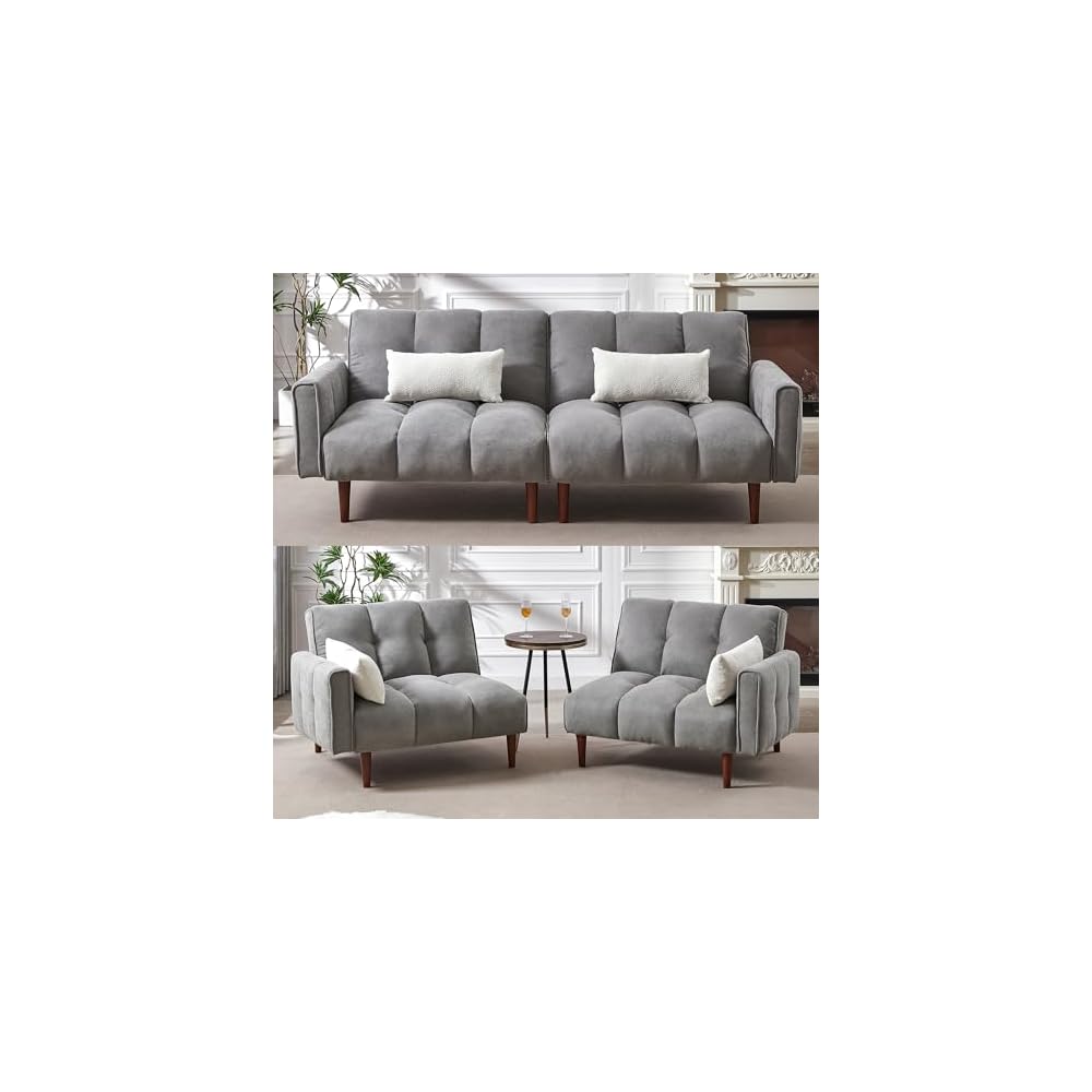 Convertible Futon Sofa Bed, Modern 81'' Adjustable Couch Sleeper, 2 Single Sofa Chairs, Upholstered Loveseat with Wooden Legs and 2 Pillows for Living Room, RV, Reclining Lounge Sofa (Gray)