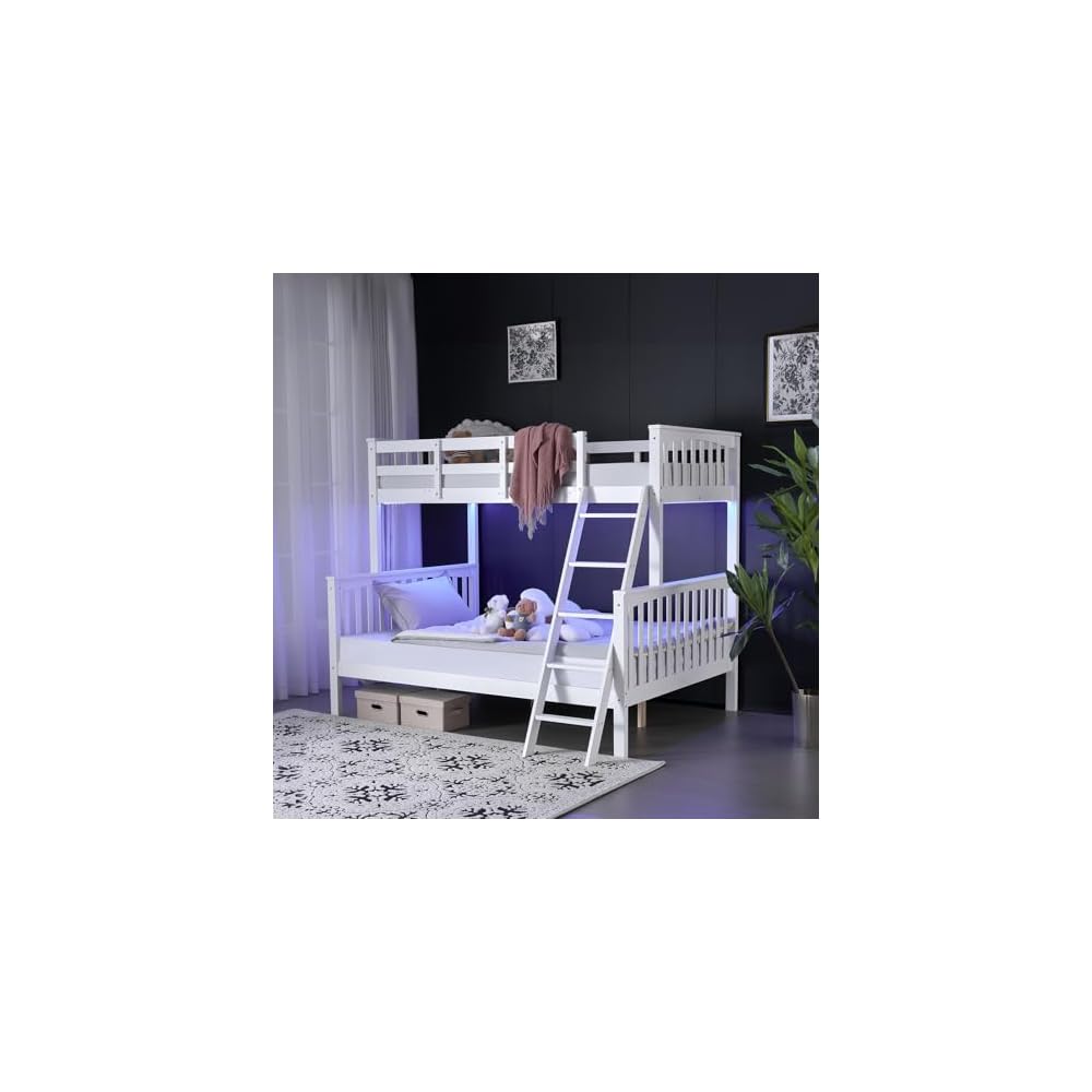 VINGLI Bunk Bed Twin Over Full Size with 15 inches Extra Tall Guardrail/LED Light/Charging Station, Convertible Solid Wood Space-Saving Bed for Small Space, Heavy Duty Wood Slats Support, White