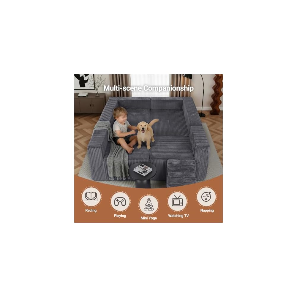 Claiks 128" Modular U Shaped Boneless Couch, Deep Seat Bonless Couches for Living Room, Modern Cloud Sofa with Double Chaise, No Assembly Required, Dark Grey