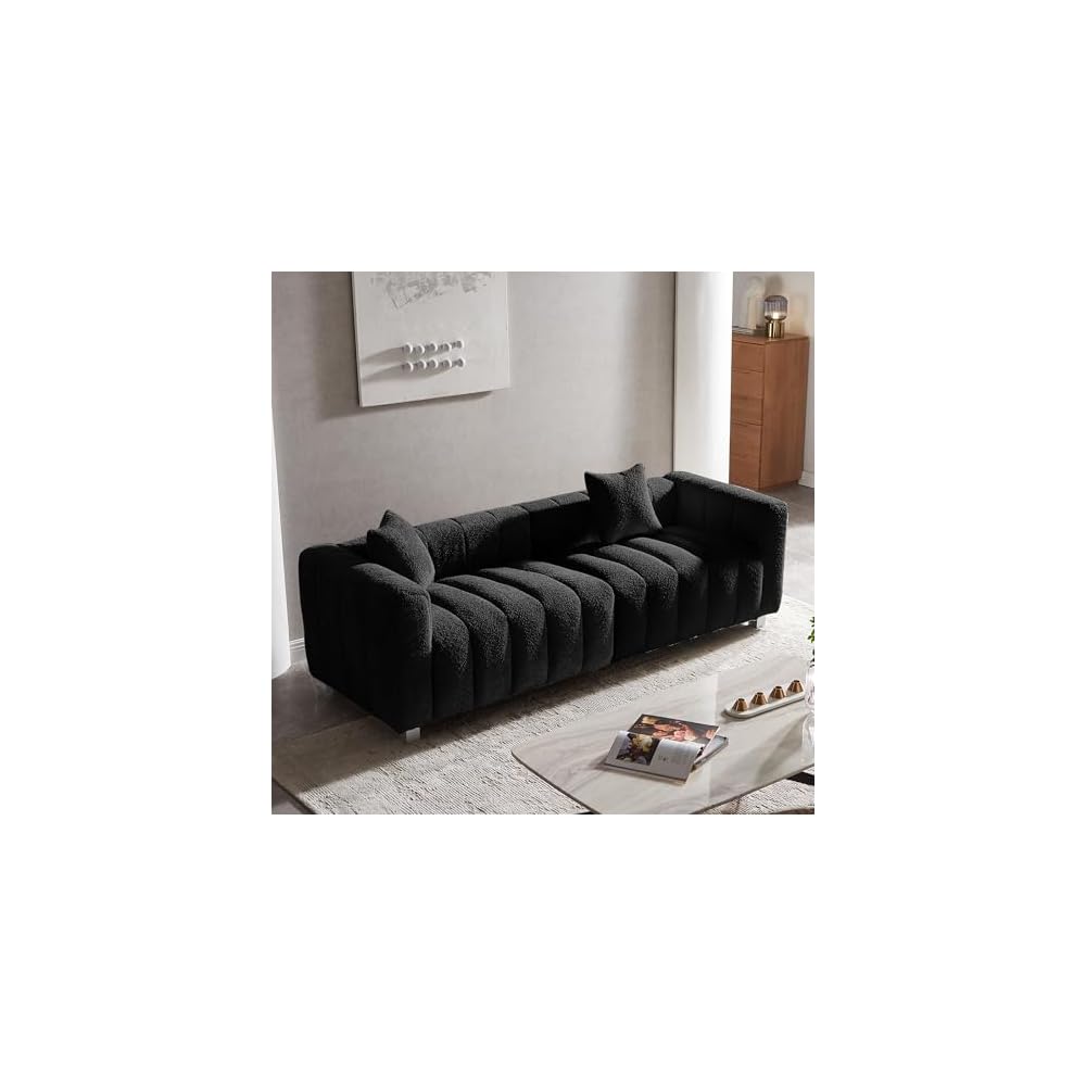 87.4" Piano Tufted Teddy Velvet 3-Seater Sofa, Black