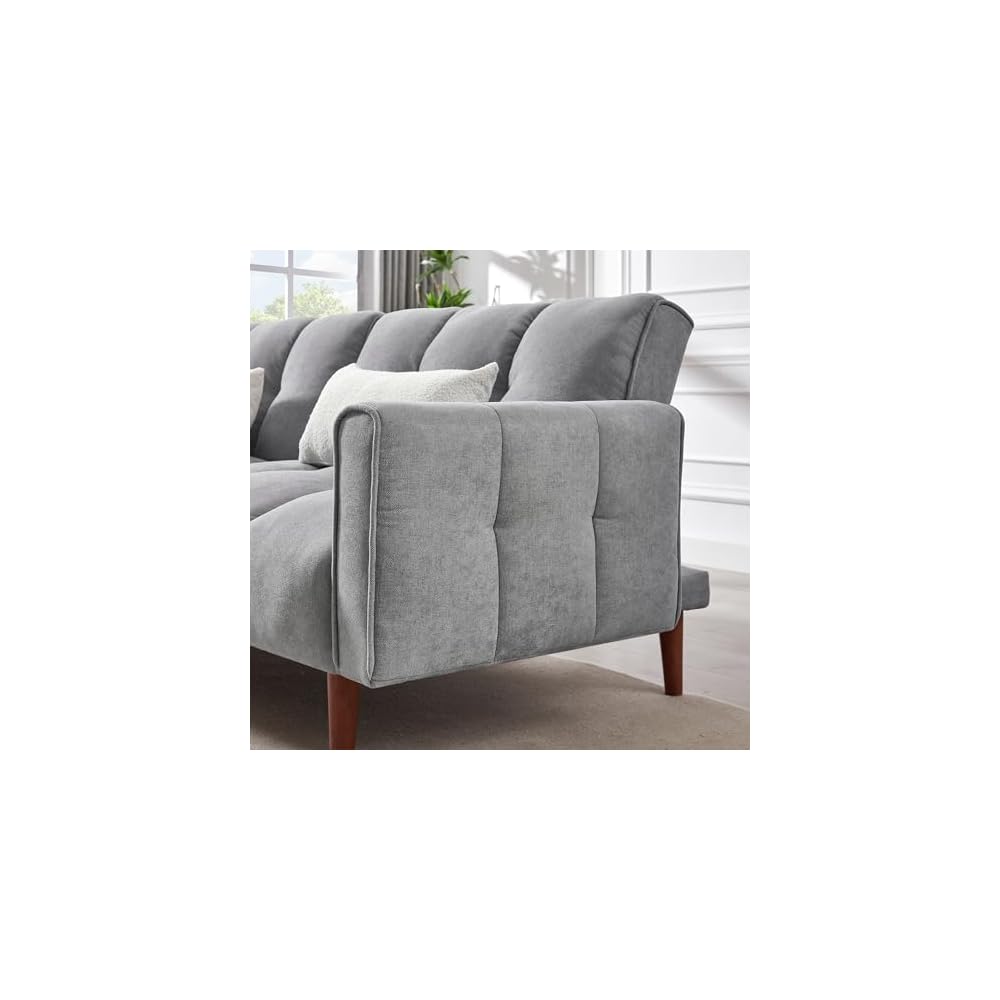 Convertible Futon Sofa Bed, Modern 81'' Adjustable Couch Sleeper, 2 Single Sofa Chairs, Upholstered Loveseat with Wooden Legs and 2 Pillows for Living Room, RV, Reclining Lounge Sofa (Gray)