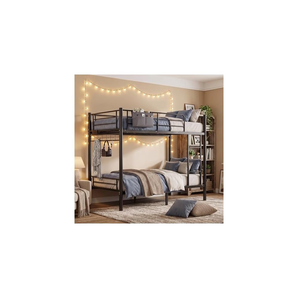 Bunk Bed,Bunk Bed Twin Over Twin with Power Outlet and LED Lights,Black