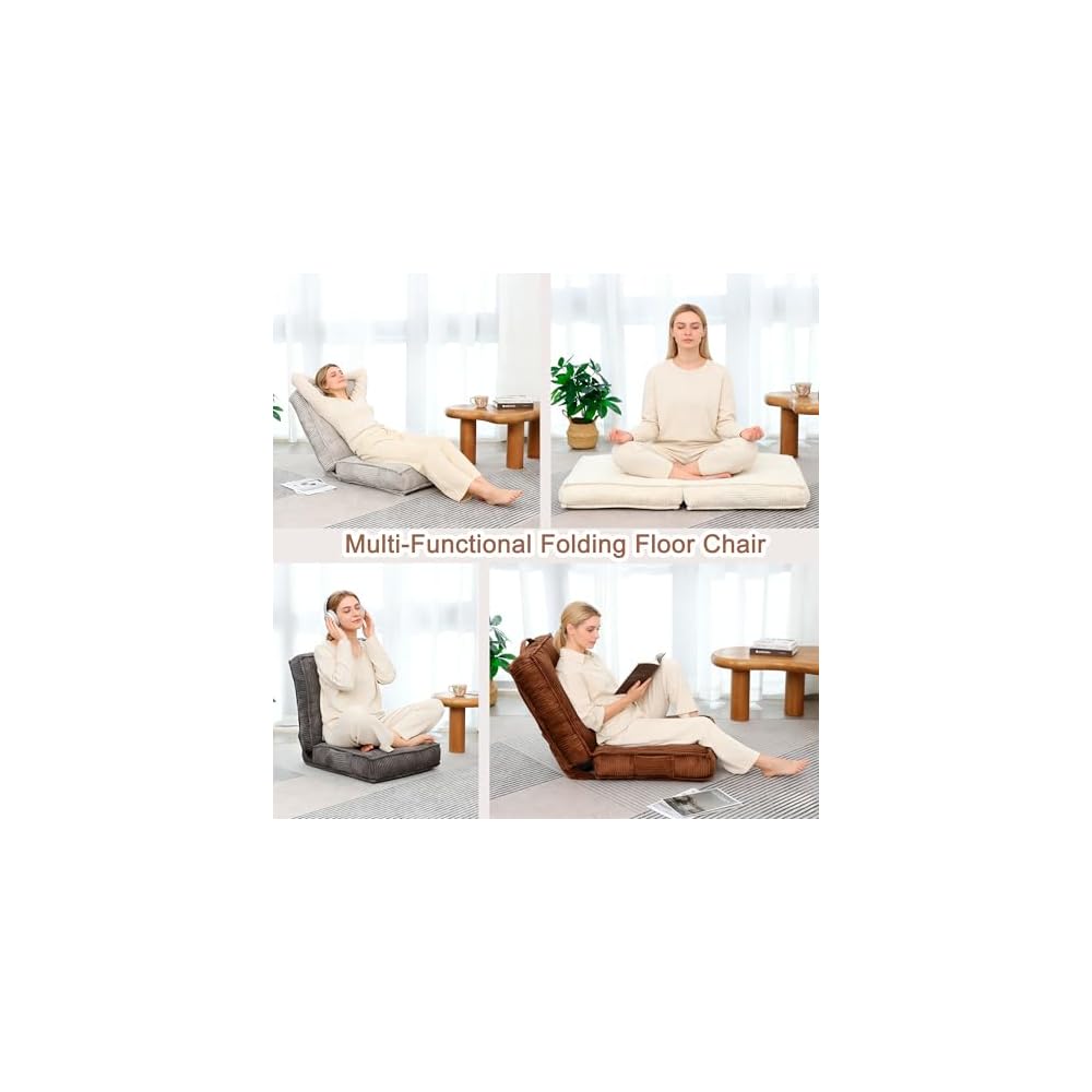 Adjustable Floor Chair with Back Support, 6-Position, Folding Japanese Meditation Tatami Chair, Comfy Gaming Chairs for Adults, Accent Sofa Reading Chairs, Living Room, Bedroom, Beige
