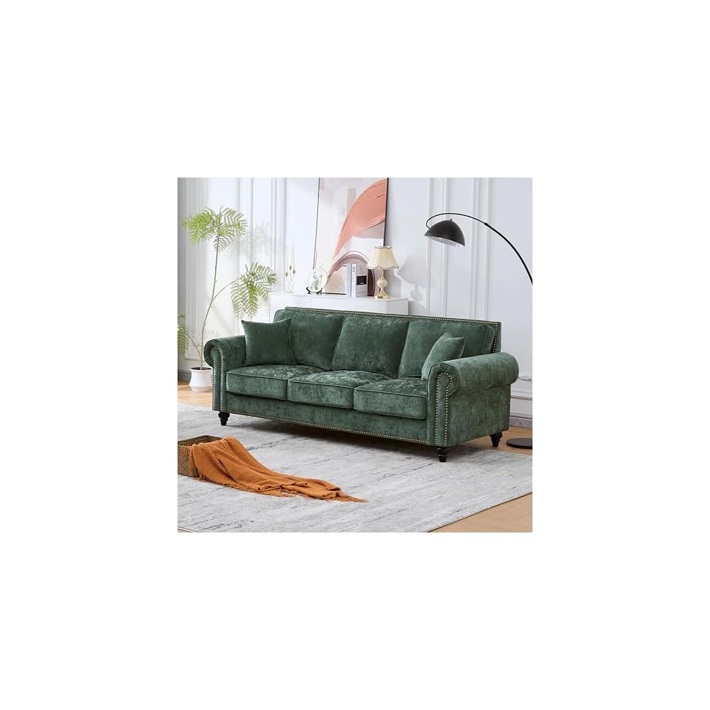 86.5" Classic Chenille Sofa Couch 3-Seater | Chesterfield Style with Traditional Rolled Arms, Nailhead Trim & Solid Wood Frame | Living Room Upholstered Couch | Green