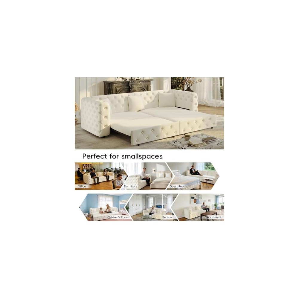 Polibi 89" Extra Large Pull Out Sofa Bed,3-in-1 Multifunctional 4-Seater Sleeper Sofa with 3 Throw Pillows,Classic Velvet Tufted Couch for Living Room & Apartment, Heavy Duty Metal Frame, Beige&White