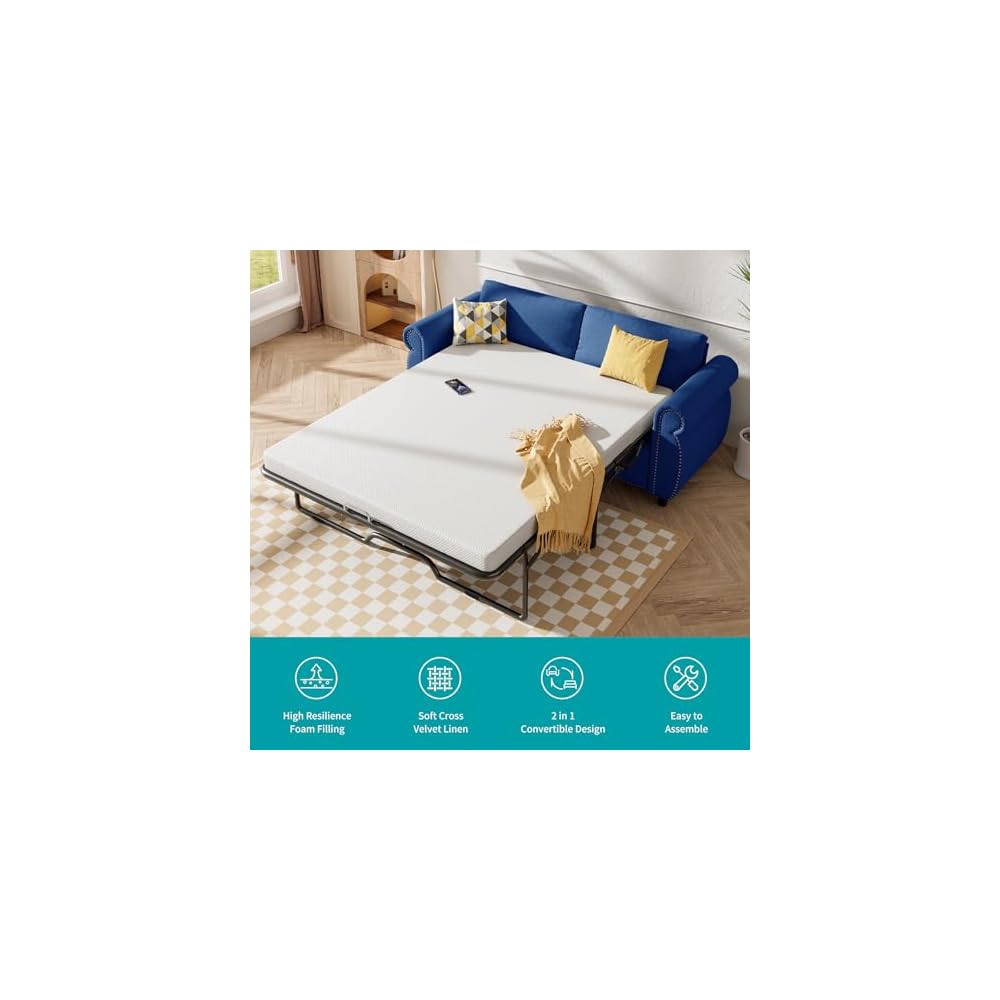 BALUS Pull Out Sofa Bed Queen, 2-in-1 Convertible Sofa Sleeper Bed with Nailhead Armrests, Pull Out Couch with Thickened Cushions and Memory Foam Mattress for Living Room Guest Room, Blue