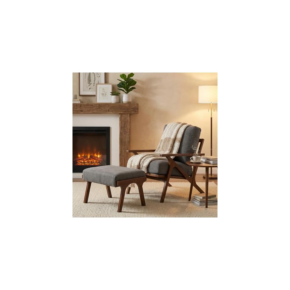 Mid Century Modern Accent Chair with ottoman, Farmhouse Linen Upholstered Living Room Armchair and Ottoman Set, 23" Seat Wide Retro Leisure Lounge Chair with Wood Frame for Home, Bedroom, Office, Grey