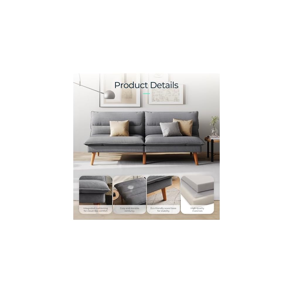 LINSY HOME 66" Futon Sofa Bed, Corduroy Futon Couch with 3-Position Adjustable Backrest, Convertible Sofa Bed Loveseat, Small Couches for Small Spaces, Living Room, Office, Guest Room (Grey)
