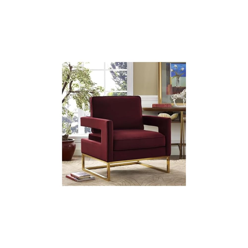 TOV Furniture The Avery Collection Modern Style Living Room Den Leather Upholstered Armchair with Gold Legs, Maroon