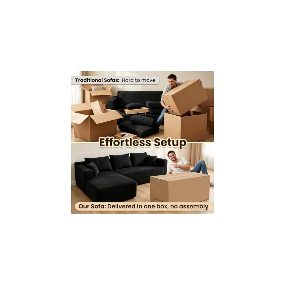 92" Large Cloud Couch, Corduroy Flannel Fabric Sectional Sofa, No Assembly Compression Sofa in a Box, Deep Seat Bone-Free Couch for Small Spaces, 1000 lbs Weight Capacity, Gray