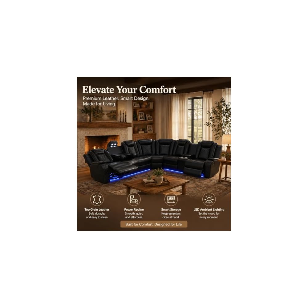 Power Reclining Sectional Sofa for Living Room,Modern L-Shaped Air Leather Sectional Couch Set,Recliner Sofa Set,with LED Lights,Cup Holder,Storage,Charging Ports,Home (Sectional+C)