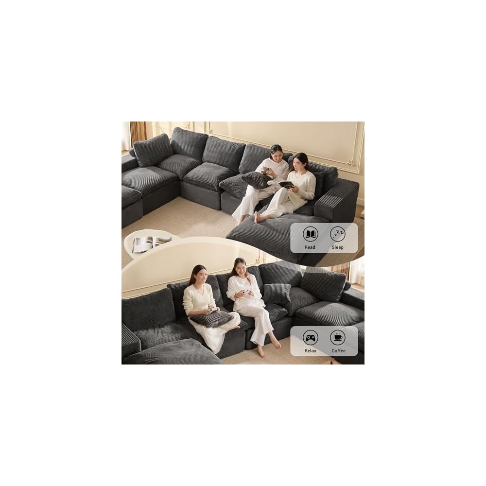 Afuson 137.8” Sectional Couches for Living Room, Set of Cloud Couch, Modular Sectional Sofa, Convertible Sofas Bed, Deep Seat Sofa, Sleeper Sofa Full Size, Corduroy, Gray