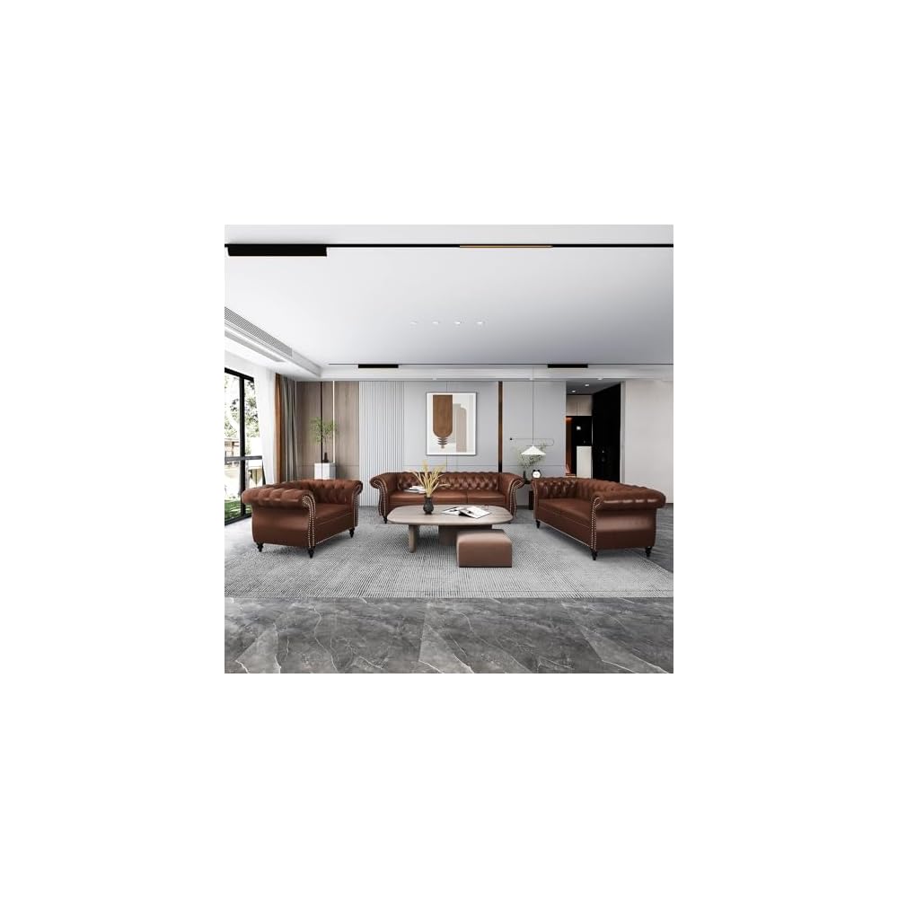 AVZEAR Chesterfield Leather Sofa 3 Seater Couch, Mid-Century Large Sofa Roll Arm Classic Tufted Settee Modern PU Sofa with Channel Tufted Seat Back for Living Room, Office, Apartment, PU Brown
