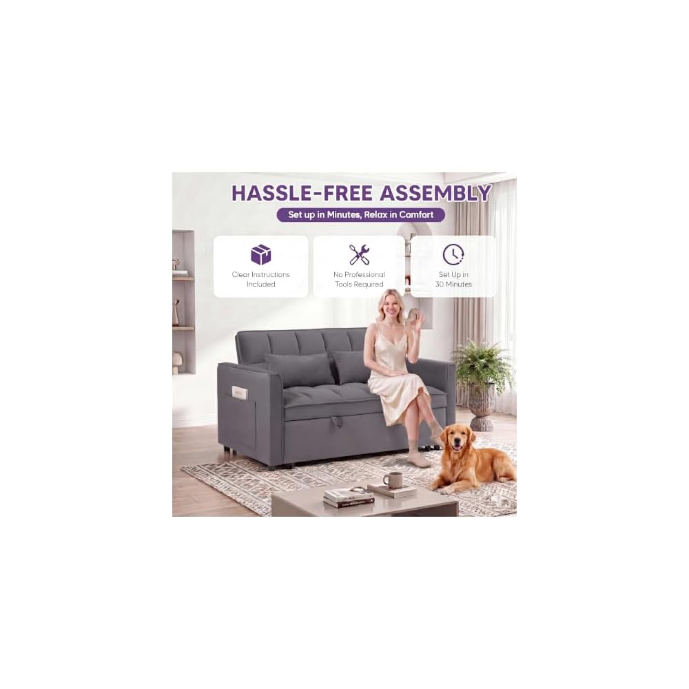 Sleeper Sofa Bed, Pull Out Couch, 54" Velvet Loveseat Medium Grey
