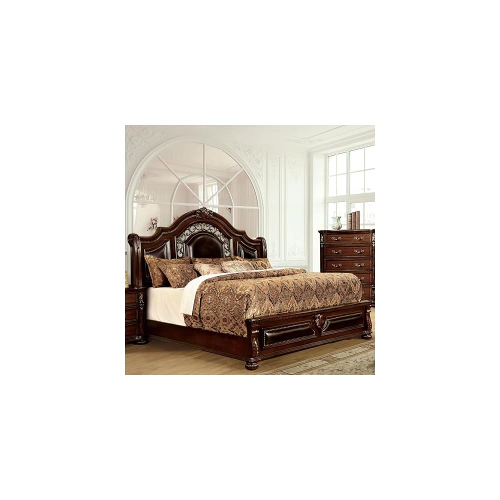 Furniture of America Eleo Solid Wood Panel King Bed in Brown Cherry