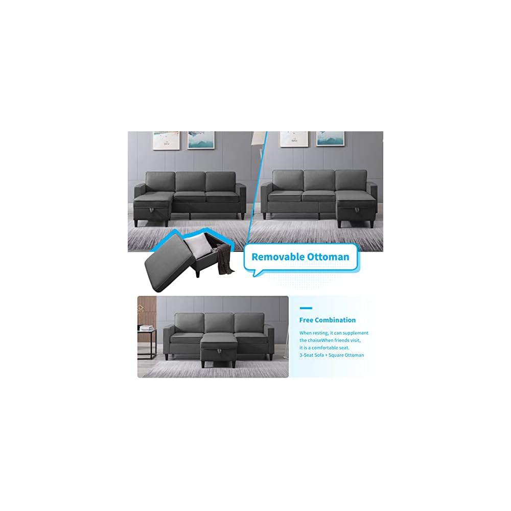 Mjkone Sectional Sofa for Living Room | 3 Seater Convertible Sofa Couch with 2 Side Pockets | Modern Modular Sofa with Storage Ottoman | Small Sofa Chaise for Small Places | Office (Dark Grey)